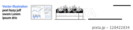 Business graph, chart with rising statistics, lines, bar, agricultural planting rows design, growth, finance, productivity. Ideal for financial reports, agricultural analysis, data presentation Business graph, chart with rising statistics, lines, bar, agricultural planting rows design, growth, finance, productivity. Ideal for financial reports, agricultural analysis, data presentation 128422834
