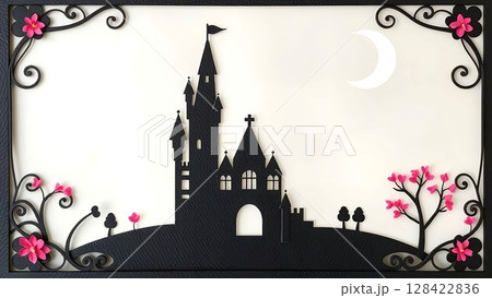 黒いフレームとお城のシルエット 黒いフレームとお城のシルエット 128422836