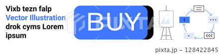 Blue Buy button, blank canvas on a stand, circular flow diagram with various symbols. Ideal for UIUX design, e-commerce, art presentation, website navigation, creative workflow, digital marketing Blue Buy button, blank canvas on a stand, circular flow diagram with various symbols. Ideal for UIUX design, e-commerce, art presentation, website navigation, creative workflow, digital marketing 128422845