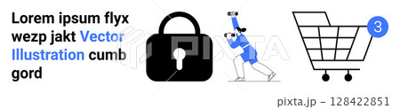 Bold black lock, person with binoculars in blue, and shopping cart with a blue notification circle. Ideal for cybersecurity, e-commerce, privacy, surveillance, online shopping, notifications 128422851