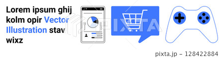 Smartphone with analytics, shopping cart in chat bubble, gaming controller. Ideal for e-commerce, online analytics, digital services, gaming, mobile apps, tech interfaces, shopping. Landing page 128422884