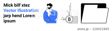 Man with hand on chin in blue shirt, Bitcoin blockchain circuit, and document folder. Ideal for finance, technology, education, business, decision-making, cryptocurrency, analytics. Landing page 128422885