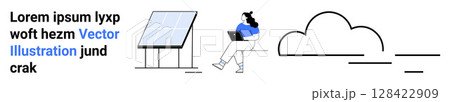 Solar panel setup, person working on laptop, and cloud icon. Ideal for technology, sustainability, remote work, renewable energy, cloud storage, modern lifestyle, and eco-friendly concepts. Landing 128422909