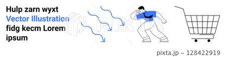 A person in motion near a shopping cart and dynamic blue lines. Ideal for e-commerce, shopping platforms, retail marketing, consumer behavior, and digital marketing. Banner for landing page 128422919