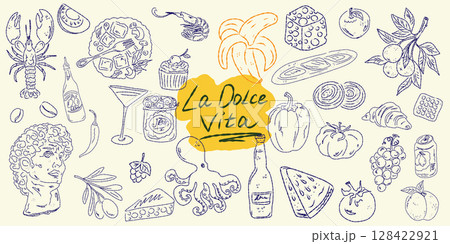Set of hand drawn summer food icons. Mediterranean la dolce vita. Sketchy whimsical style 128422921