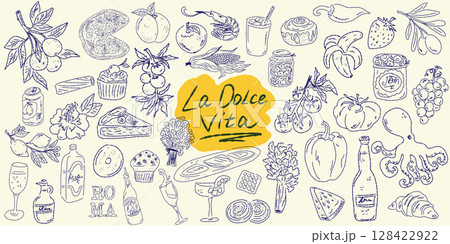 Set of hand drawn summer food icons. Mediterranean la dolce vita. Sketchy whimsical style 128422922