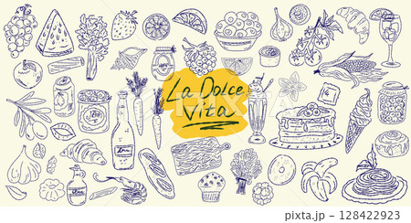 Set of hand drawn summer food icons. Mediterranean la dolce vita. Sketchy whimsical style 128422923