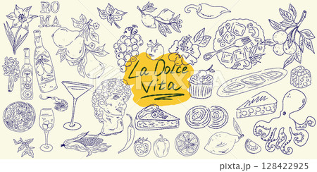 Set of hand drawn summer food icons. Mediterranean la dolce vita. Sketchy whimsical style 128422925