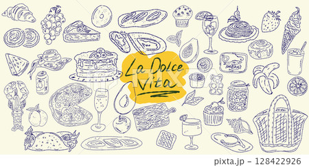 Set of hand drawn summer food icons. Mediterranean la dolce vita. Sketchy whimsical style 128422926