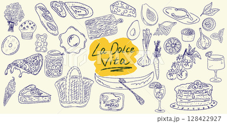 Set of hand drawn summer food icons. Mediterranean la dolce vita. Sketchy whimsical style 128422927