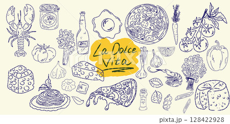 Set of hand drawn summer food icons. Mediterranean la dolce vita. Sketchy whimsical style 128422928