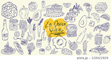 Set of hand drawn summer food icons. Mediterranean la dolce vita. Sketchy whimsical style 128422929