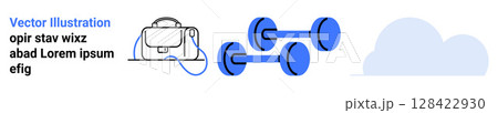 Virtual reality headset connected to a laptop, two blue dumbbells, and a blue cloud. Ideal for technology, fitness, virtual workouts, cloud computing, modern design, tech tutorials, and digital 128422930