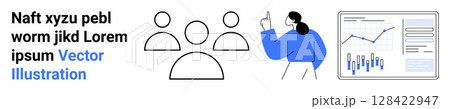 Text block, three user icons, businesswoman pointing, and data charts. Ideal for business meetings, team discussions, data analysis, presentations, corporate strategies, marketing plans Text block, three user icons, businesswoman pointing, and data charts. Ideal for business meetings, team discussions, data analysis, presentations, corporate strategies, marketing plans 128422947