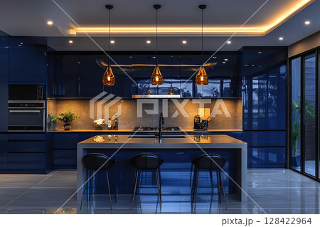 Kitchen interior design idea with deep navy blue color. Bar stools at the bar counter. 128422964