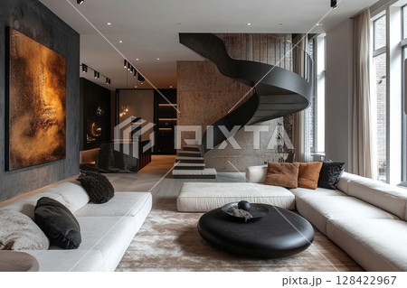 Stylish minimalistic restrained modern interior of the apartment, spacious room with large panoramic windows. No people during the daytime Stylish minimalistic restrained modern interior of the apartment, spacious room with large panoramic windows. No people during the daytime 128422967