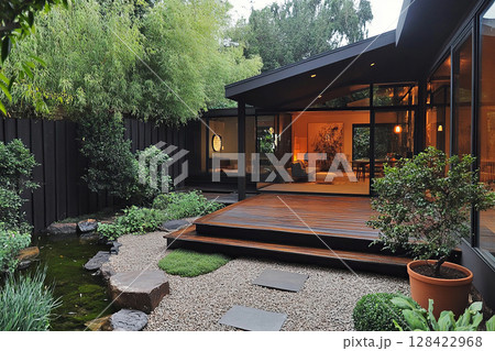 Beautiful backyard in a modern style with an area for relaxation and barbecue in the summer. Generated by artificial intelligence Beautiful backyard in a modern style with an area for relaxation and barbecue in the summer. Generated by artificial intelligence 128422968