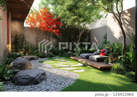 Beautiful backyard in a modern style with an area for relaxation and barbecue in the summer. Generated by artificial intelligence 128422969