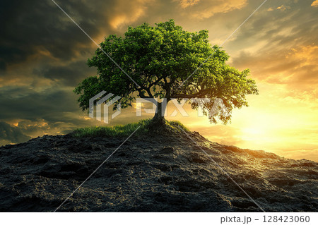 Tree with lush foliage on dying land against sunset background. Environmental conservation concept. 128423060