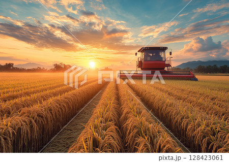 Agricultural combine harvesting in wheat field at sunset. Harvesting with agricultural machinery. Agribusiness. Generated by artificial intelligence Agricultural combine harvesting in wheat field at sunset. Harvesting with agricultural machinery. Agribusiness. Generated by artificial intelligence 128423061