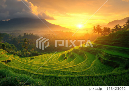 The beauty of rice fields on the mountain slope at sunset. Rice harvest. Generated by artificial intelligence The beauty of rice fields on the mountain slope at sunset. Rice harvest. Generated by artificial intelligence 128423062