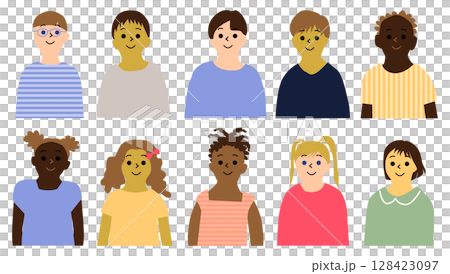Children from various countries, front upper body icon set of 10 Children from various countries, front upper body icon set of 10 128423097
