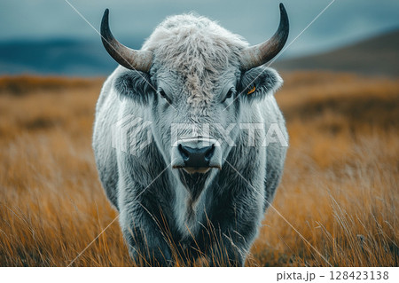 Portrait of a white bison with an ear tag in a field with dry plants in the background. Bison power. Generated by artificial intelligence. 128423138