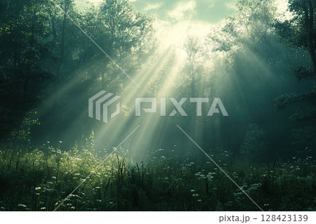 Early morning landscape in deciduous forest. The sun is pouring beautiful rays of light through the fog and trees. Bright rays of sunlight on a foggy meadow. Desaturated color 128423139
