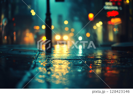 Rainy night in a big city. The illuminated signs of shops and cafes are reflected in the asphalt. View from the sidewalk. Generated by artificial intelligence. 128423146