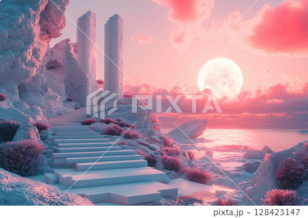 Fantasy landscape with big moon and white rocks over ocean. Pink sky reflected in water. Generated by artificial intelligence. 128423147