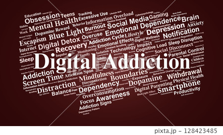 Digital Addiction Word Cloud. Exploring Tech Overuse, Mental Effects, Screen Behavior 128423485