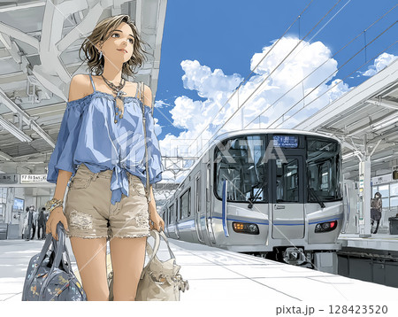 電車で旅行に出かける女性のイラスト素材 128423520
