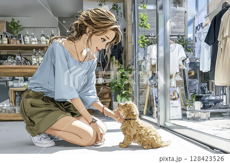 わんこカフェ　犬と触れ合う笑顔の女性のイラスト素材 128423526
