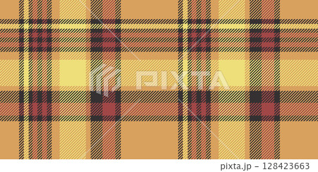 A seamless tartan plaid pattern in warm yellow, red, and brown tones with black accents. Perfect for textile design, fashion, home decor, and creative projects with a bold and classic aesthetic. 128423663
