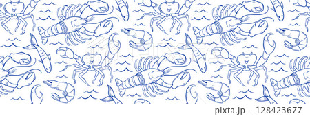 Marine life doodle pattern with crustaceans crab, shrimp, lobster. Background for seafood packaging, restaurant branding, textile, menu. Hand drawn vector illustration in nautical style. 128423677