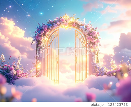 雲に浮かぶ幻想的な門とパステルの花々 128423738