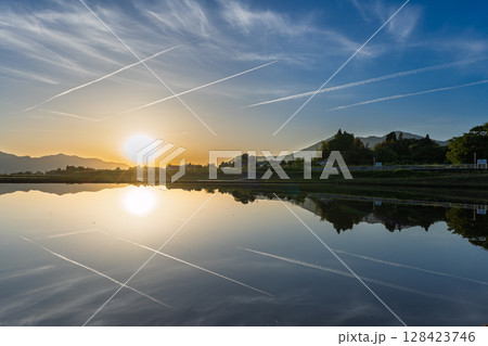 夕焼け光芒と阿蘇山を背景に映える絶景リフレクション風景 (阿蘇・南阿蘇村) 夕焼け光芒と阿蘇山を背景に映える絶景リフレクション風景 (阿蘇・南阿蘇村) 128423746