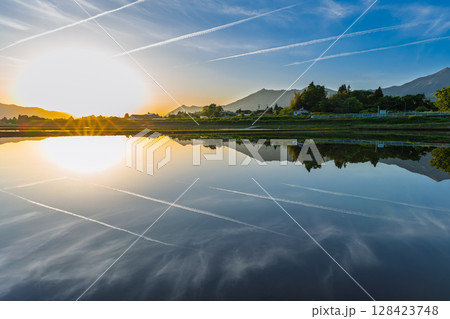 夕焼け光芒と阿蘇山を背景に映える絶景リフレクション風景 (阿蘇・南阿蘇村) 夕焼け光芒と阿蘇山を背景に映える絶景リフレクション風景 (阿蘇・南阿蘇村) 128423748