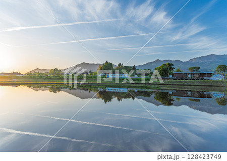 夕焼け光芒と阿蘇山を背景に映える絶景リフレクション風景　(阿蘇・南阿蘇村) 128423749