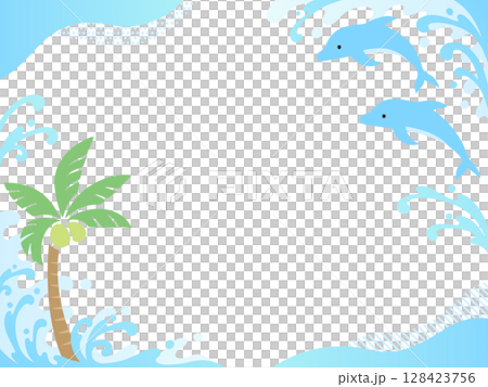 Palm trees, dolphins and waves frame 128423756