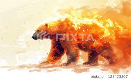 Polar bear surrounded by flames, focus on, copy space, bright and intense, Double exposure silhouette with fire background 128423807