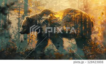 Bear in lush evergreen forest, close up, focus on, vibrant colors, Double exposure silhouette with forest background 128423808