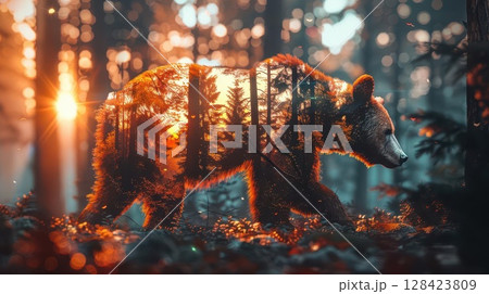 Bear in lush evergreen forest, close up, focus on, vibrant colors, Double exposure silhouette with forest background 128423809