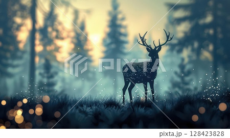 Silhouette of a deer standing in a misty forest at sunrise. 128423828