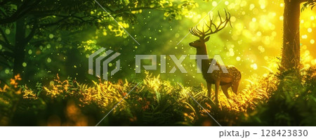 Silhouette of a deer standing in a lush green forest with sunlight filtering through the trees. 128423830