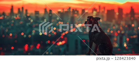 Silhouette of a dog looking out over a city skyline at sunset. 128423840