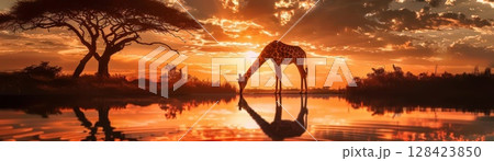 Giraffe drinking from waterhole, close up, focus on, warm and vivid, Double exposure silhouette with African landscape 128423850