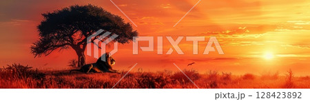 Lion resting under acacia tree, focus on, copy space, vibrant earthy colors, Double exposure silhouette with safari scenery 128423892