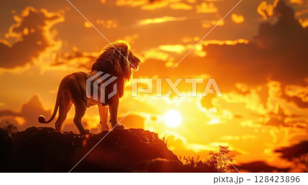 Lion standing atop hill, close up, focus on, bright golden landscape, Double exposure silhouette with safari horizon 128423896