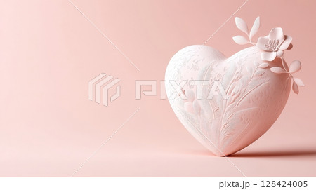 White Feathery Heart Shaped Flower on a Soft Pink Background White Feathery Heart Shaped Flower on a Soft Pink Background 128424005